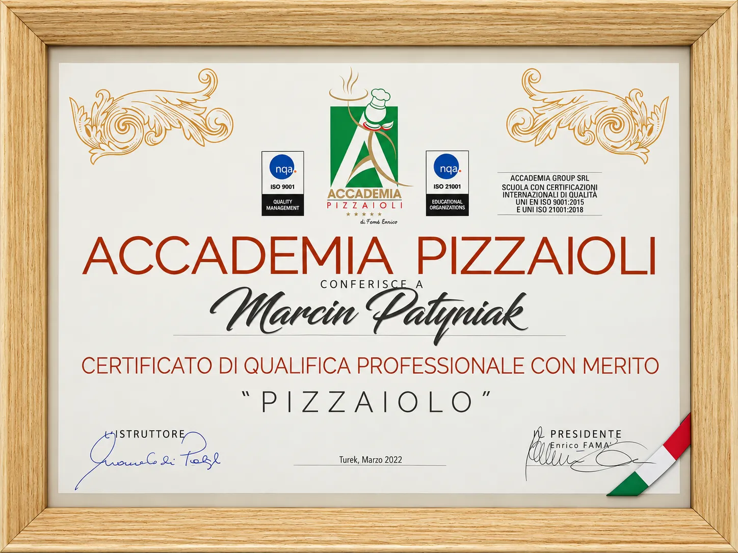 Dyplom Accademia Pizzaioli dla Marcina Patyniaka